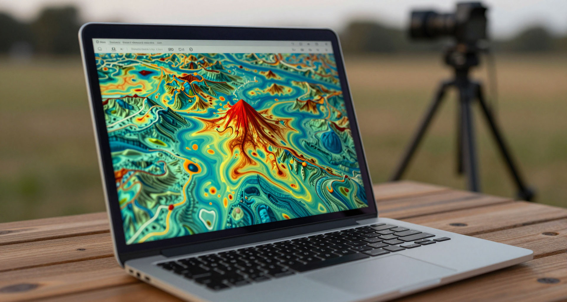 Mapa terenu w trzech wymiarach na ekranie laptopa, z czerwonym szczytem oznaczającym anomalię